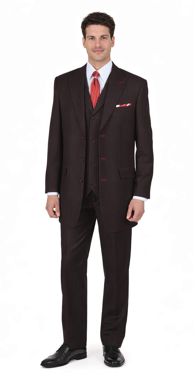 Mens 3 Button Peak Lapel Bold Pinstripe Gangster Suit in Black & Red