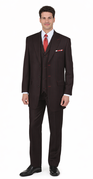 Mens 3 Button Peak Lapel Bold Pinstripe Gangster Suit in Black & Red