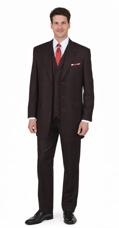 Mens 3 Button Peak Lapel Bold Pinstripe Gangster Suit in Black & Red
