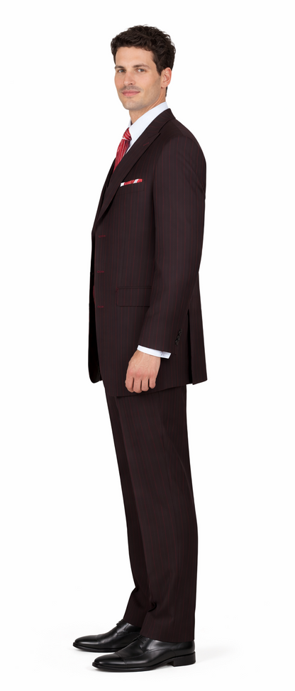 Mens 3 Button Peak Lapel Bold Pinstripe Gangster Suit in Black & Red