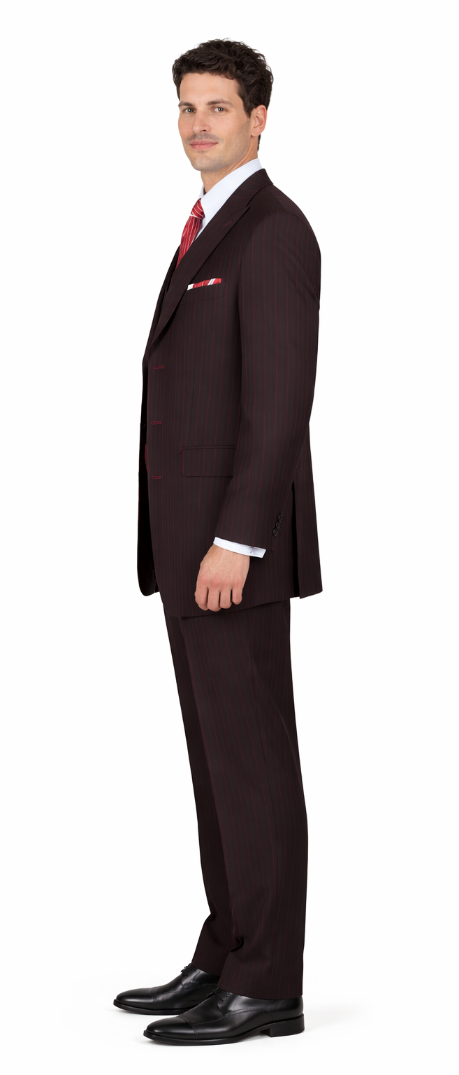 Mens 3 Button Peak Lapel Bold Pinstripe Gangster Suit in Black & Red