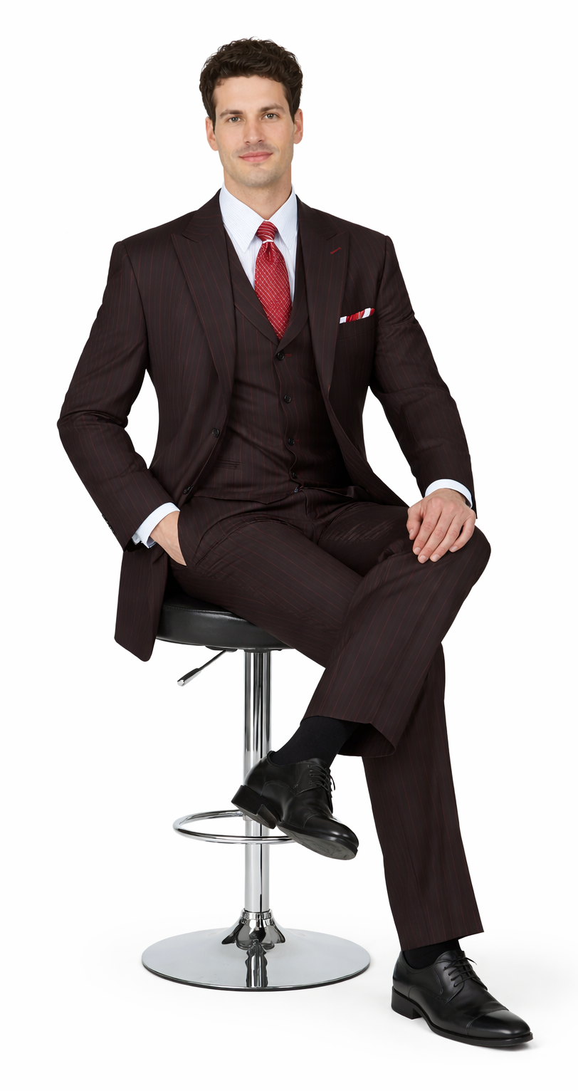 Mens 3 Button Peak Lapel Bold Pinstripe Gangster Suit in Black & Red