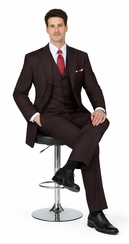 Mens 3 Button Peak Lapel Bold Pinstripe Gangster Suit in Black & Red