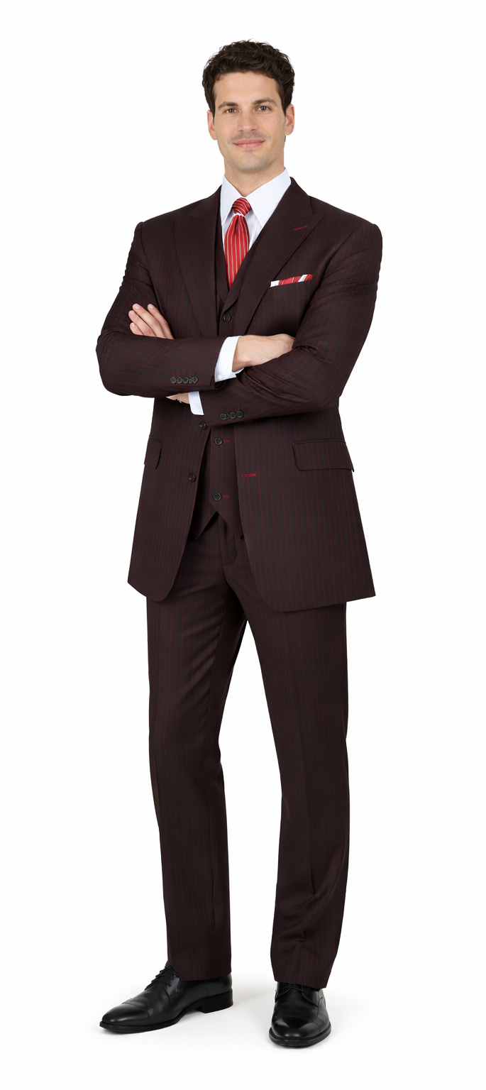 Mens 3 Button Peak Lapel Bold Pinstripe Gangster Suit in Black & Red