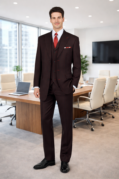 Mens 3 Button Peak Lapel Bold Pinstripe Gangster Suit in Black & Red