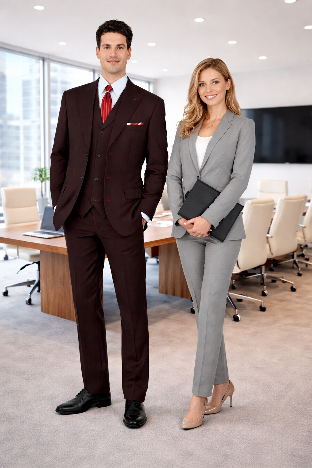 Mens 3 Button Peak Lapel Bold Pinstripe Gangster Suit in Black & Red