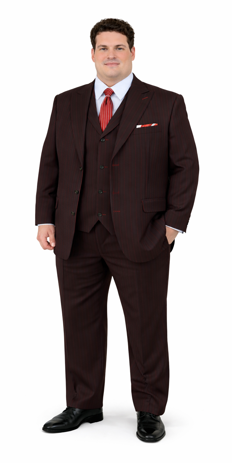Mens 3 Button Peak Lapel Bold Pinstripe Gangster Suit in Black & Red