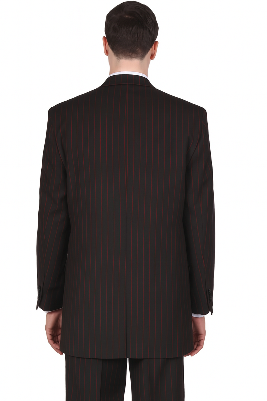 Mens 3 Button Peak Lapel Bold Pinstripe Gangster Suit in Black & Red