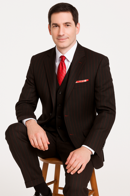 Mens 3 Button Peak Lapel Bold Pinstripe Gangster Suit in Black & Red