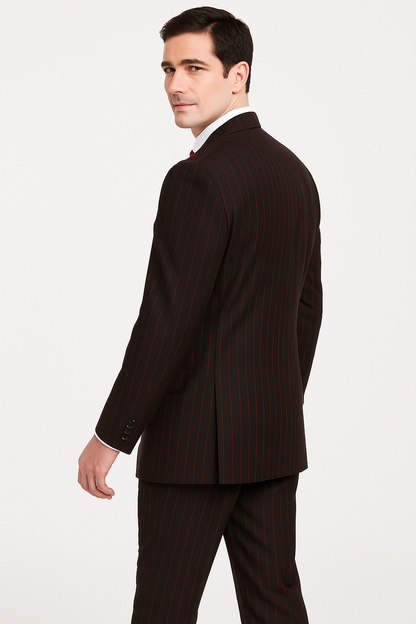 Mens 3 Button Peak Lapel Bold Pinstripe Gangster Suit in Black & Red
