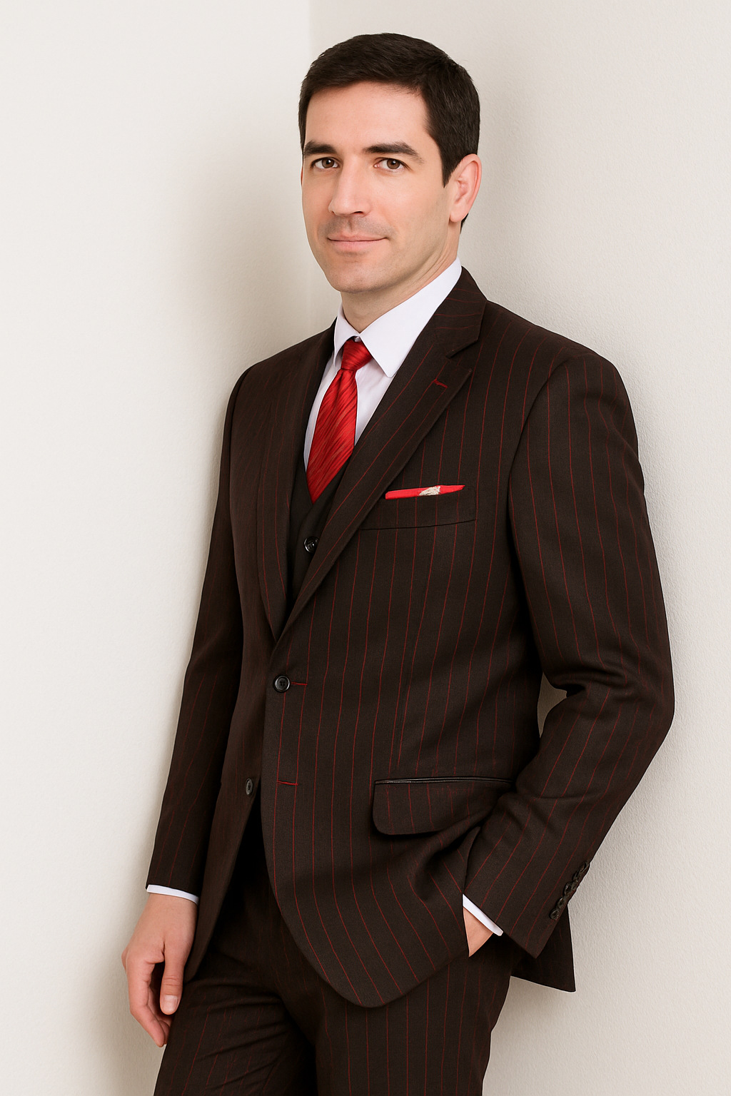 Mens 3 Button Peak Lapel Bold Pinstripe Gangster Suit in Black & Red