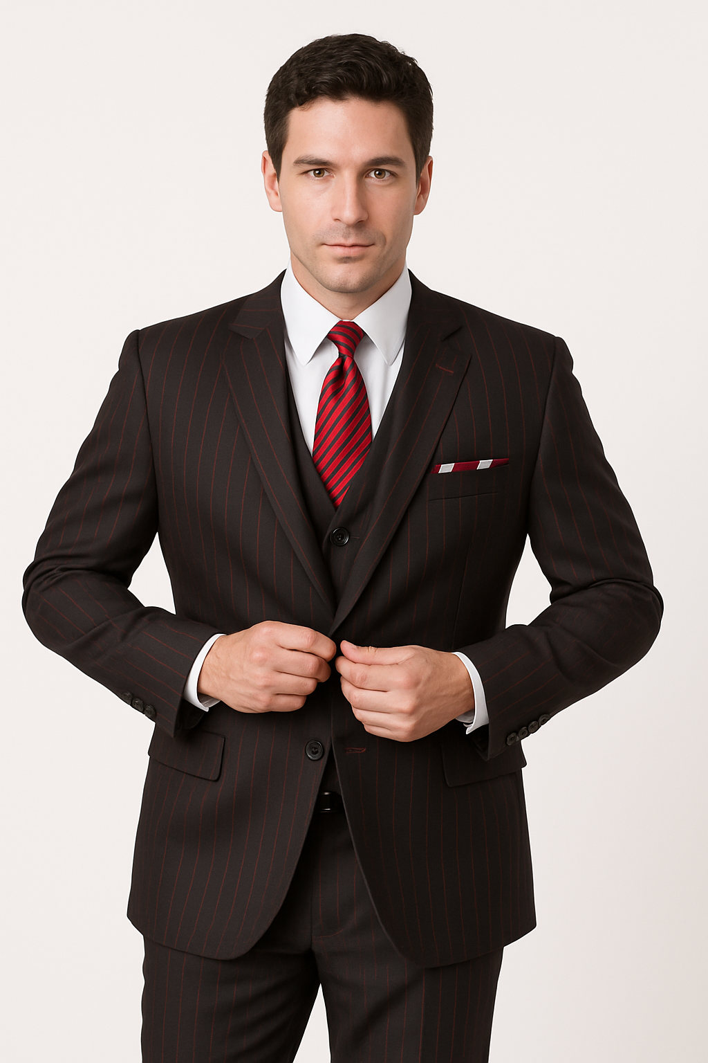 Mens 3 Button Peak Lapel Bold Pinstripe Gangster Suit in Black & Red