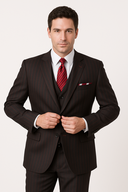 Mens 3 Button Peak Lapel Bold Pinstripe Gangster Suit in Black & Red