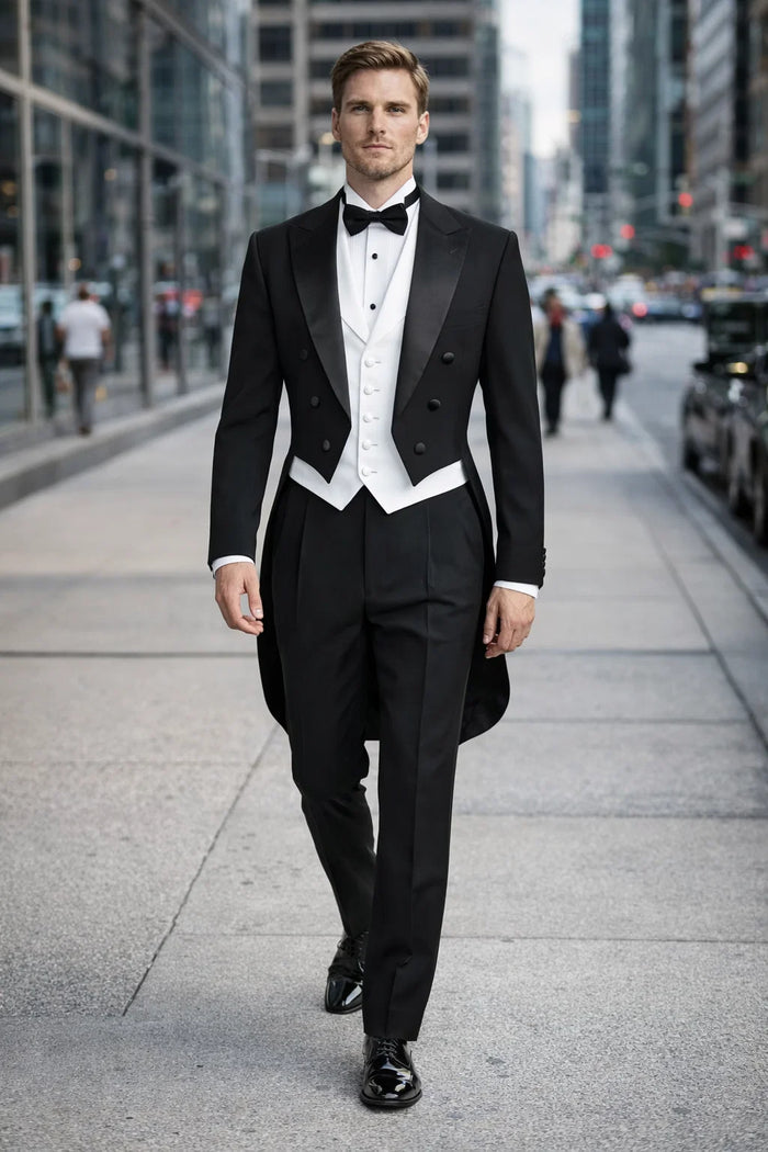 Mens 3pc Vested Classic Tail Tuxedo in Black