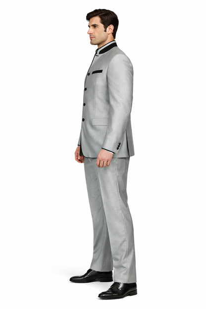 Mens 4 Button Mandarin Suit in Sharkskin Silver Grey with Black Trim