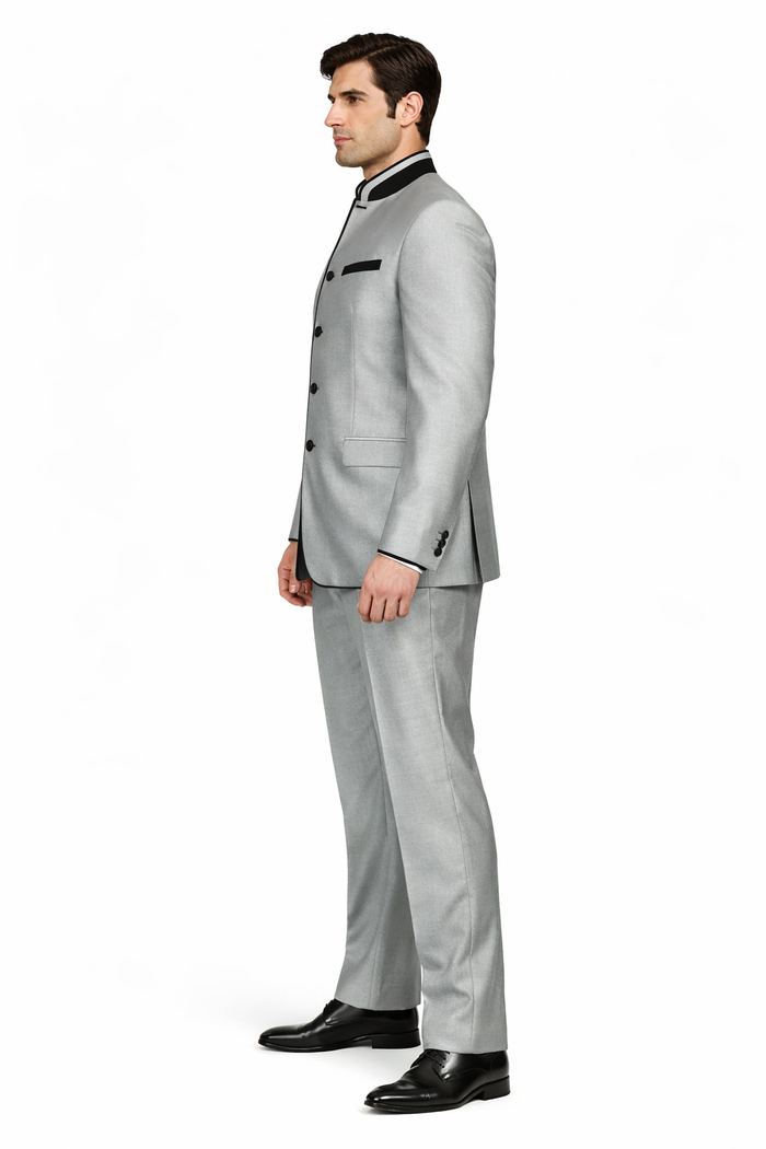 Mens 4 Button Mandarin Suit in Sharkskin Silver Grey with Black Trim