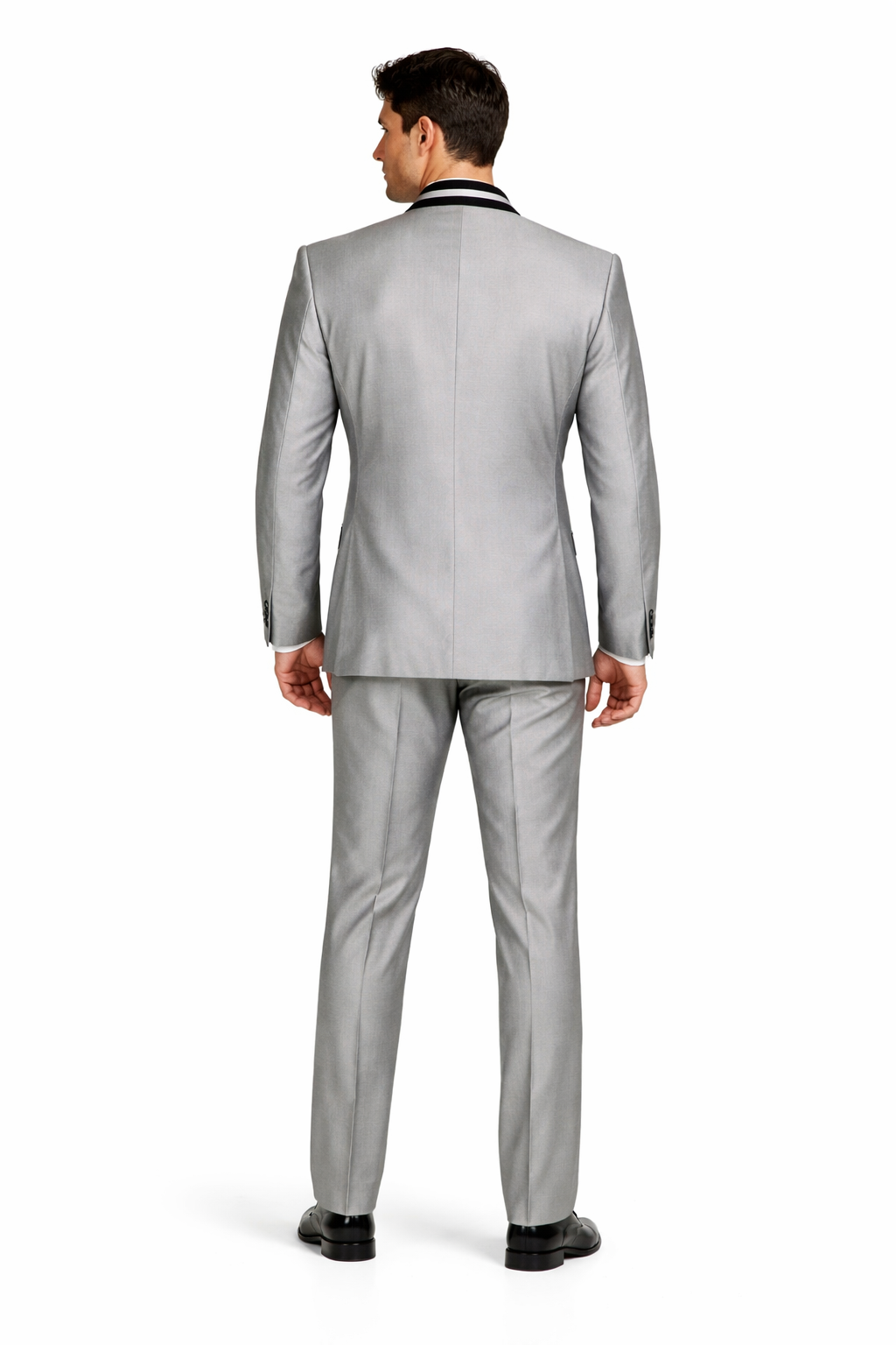 Mens 4 Button Mandarin Suit in Sharkskin Silver Grey with Black Trim