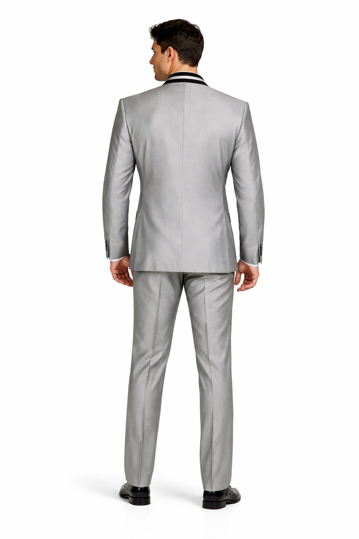Mens 4 Button Mandarin Suit in Sharkskin Silver Grey with Black Trim