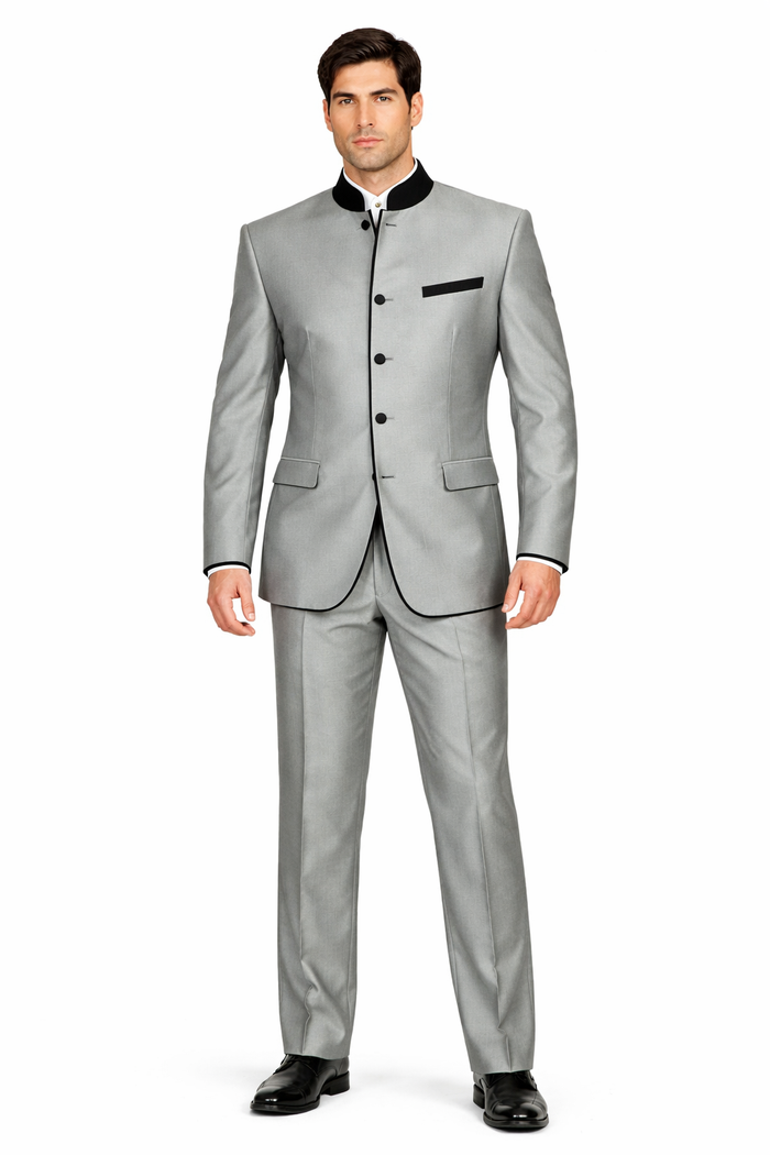 Mens 4 Button Mandarin Suit in Sharkskin Silver Grey with Black Trim