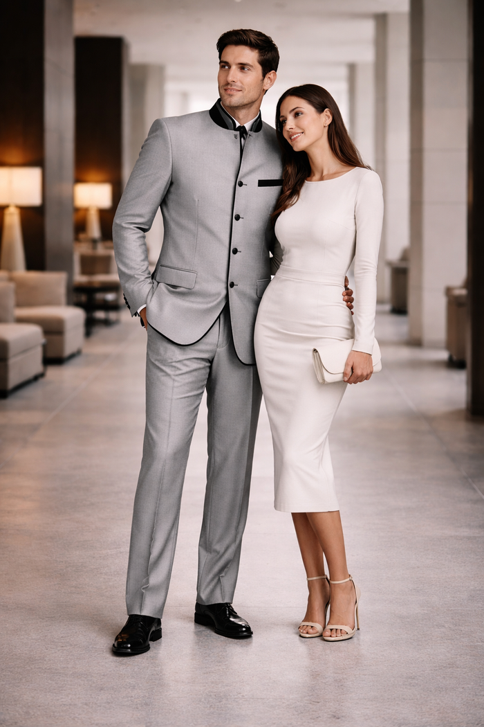 Mens 4 Button Mandarin Suit in Sharkskin Silver Grey with Black Trim