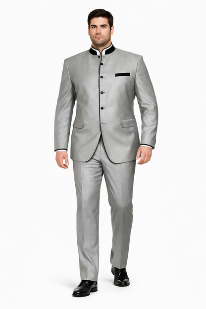 Mens 4 Button Mandarin Suit in Sharkskin Silver Grey with Black Trim