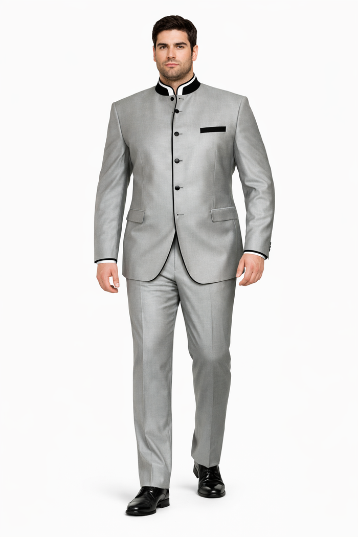 Mens 4 Button Mandarin Suit in Sharkskin Silver Grey with Black Trim