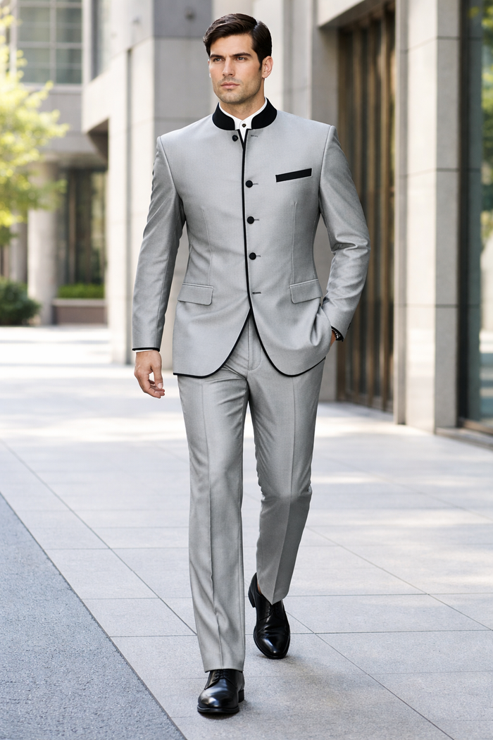 Mens 4 Button Mandarin Suit in Sharkskin Silver Grey with Black Trim