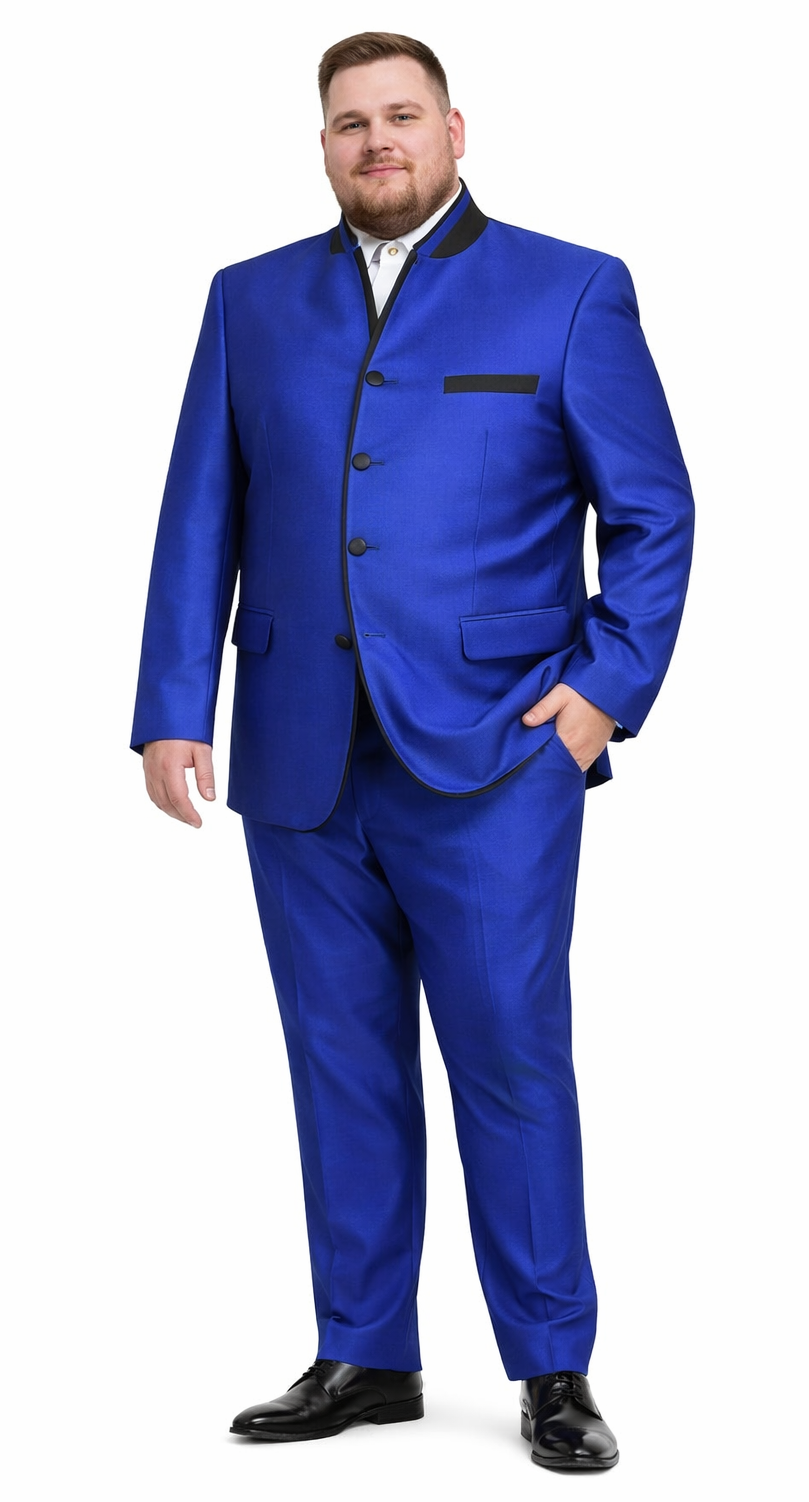 Mens 4 button Mandarin Tuxedo in Sharkskin Royal Blue with Black Trim