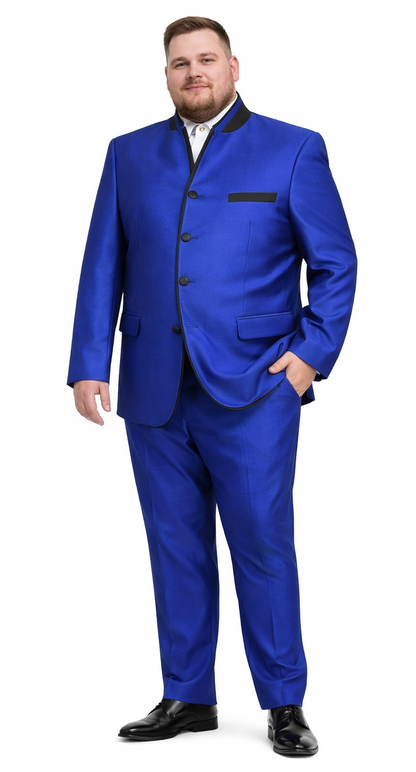 Mens 4 button Mandarin Tuxedo in Sharkskin Royal Blue with Black Trim