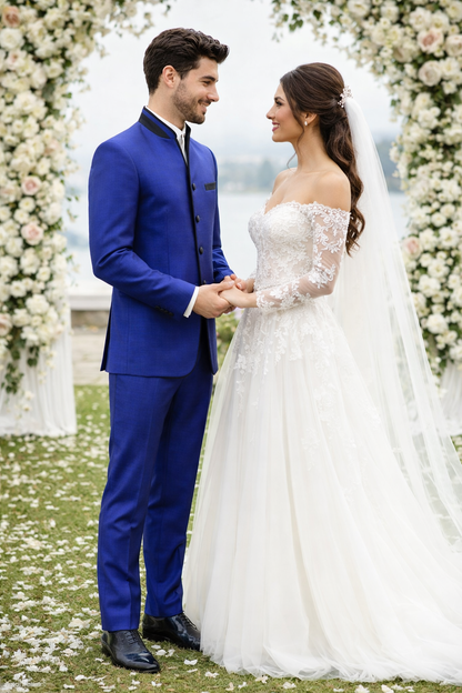 Mens 4 button Mandarin Tuxedo in Sharkskin Royal Blue with Black Trim