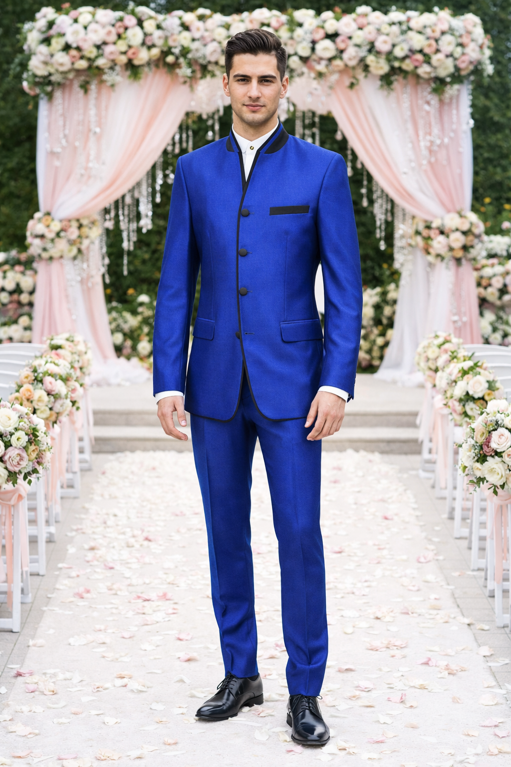 Mens 4 button Mandarin Tuxedo in Sharkskin Royal Blue with Black Trim
