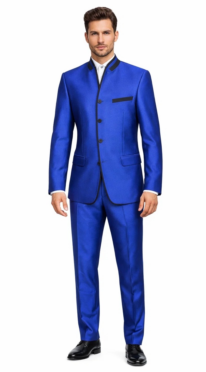 Mens 4 Button Mandarin Suit in Sharkskin Royal Blue with Black Trim