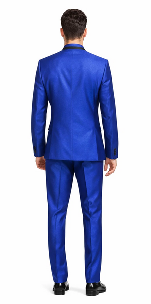 Mens 4 button Mandarin Tuxedo in Sharkskin Royal Blue with Black Trim