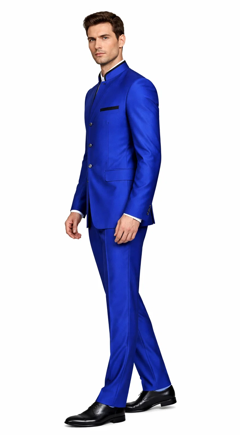 Mens 4 button Mandarin Tuxedo in Sharkskin Royal Blue with Black Trim