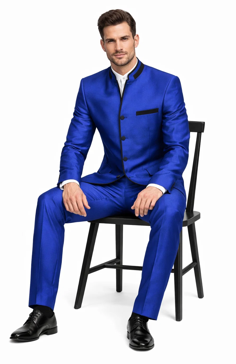 Mens 4 button Mandarin Tuxedo in Sharkskin Royal Blue with Black Trim
