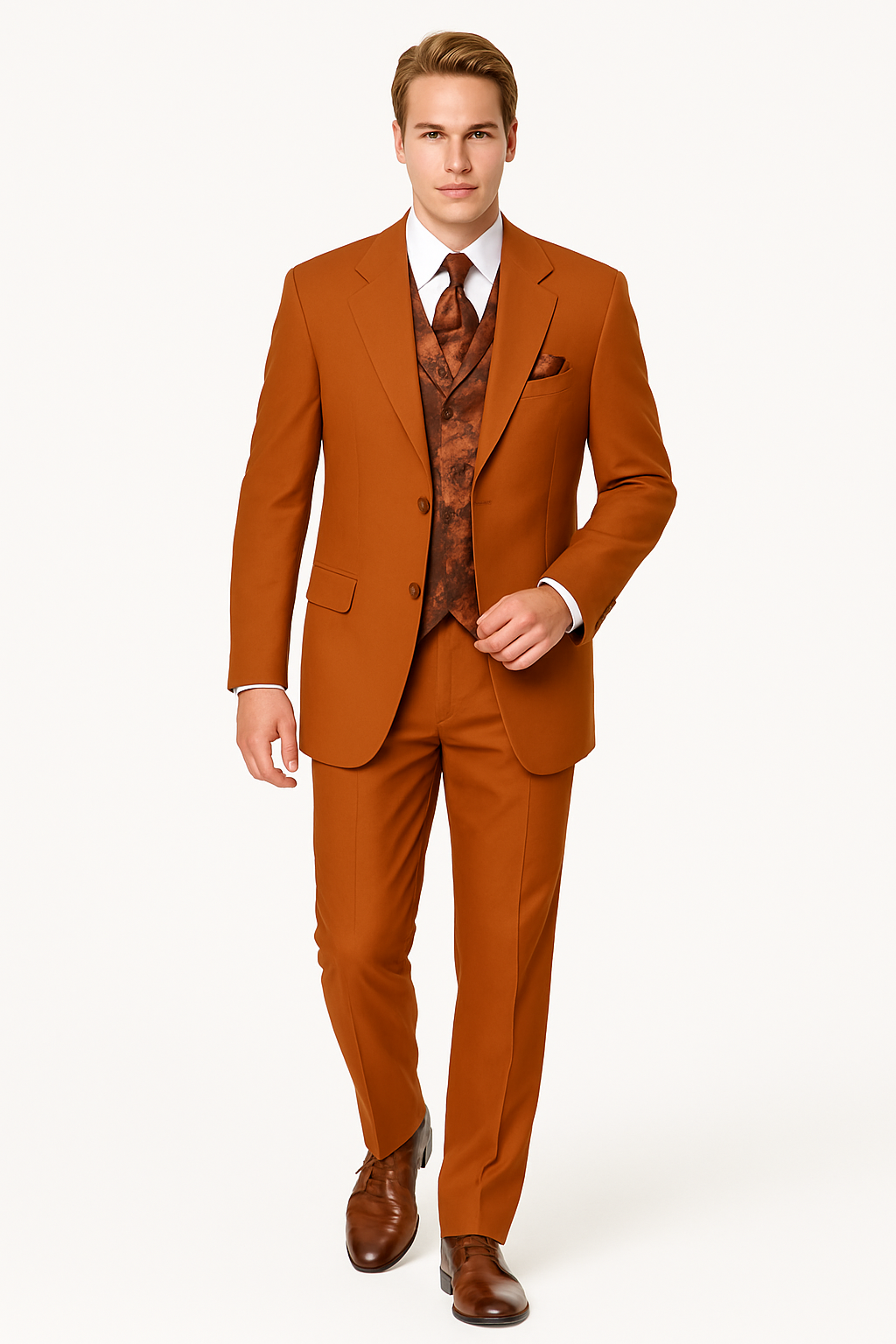 Mens 4 Button Wide Notch Lapel Fashion Rust Suit