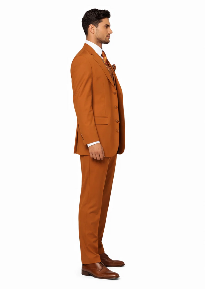 Mens 4 Button Wide Notch Lapel Fashion Rust Suit