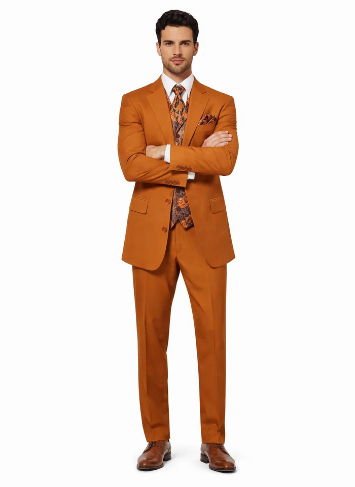 Mens 4 Button Wide Notch Lapel Fashion Rust Suit