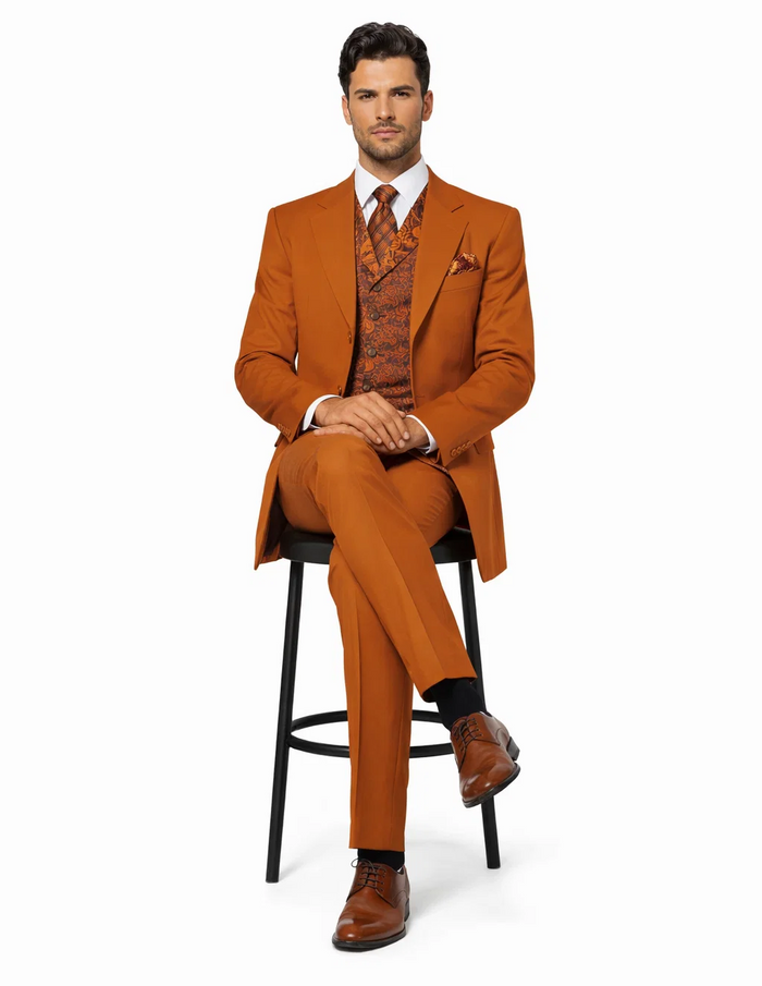 Mens 4 Button Wide Notch Lapel Fashion Rust Suit
