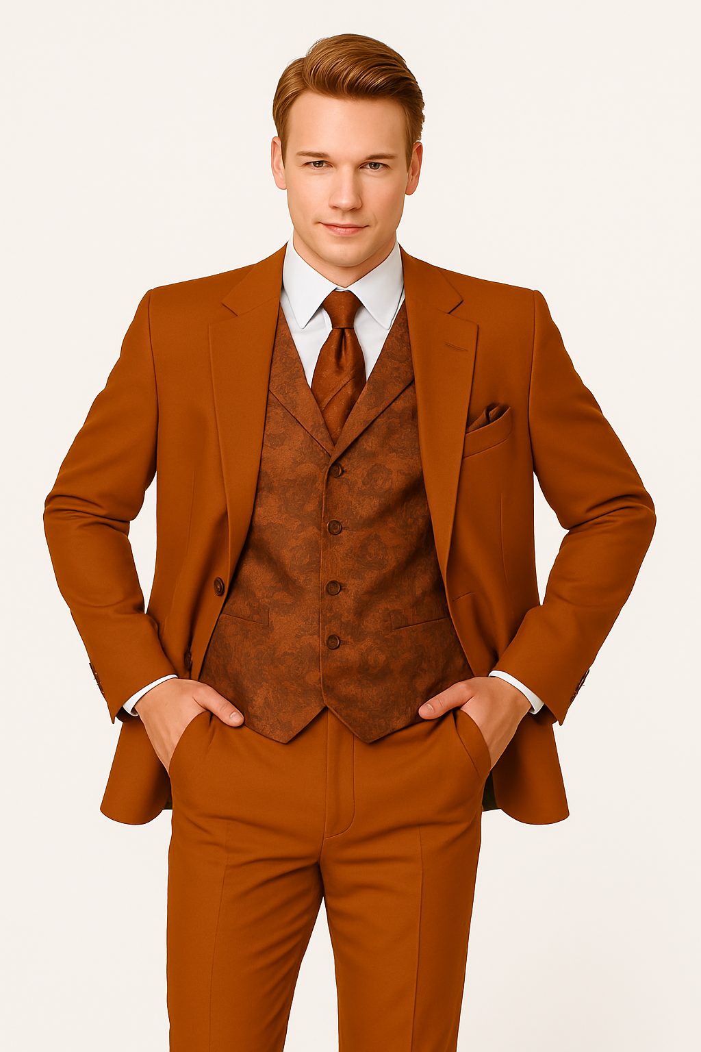 Mens 4 Button Wide Notch Lapel Fashion Rust Suit