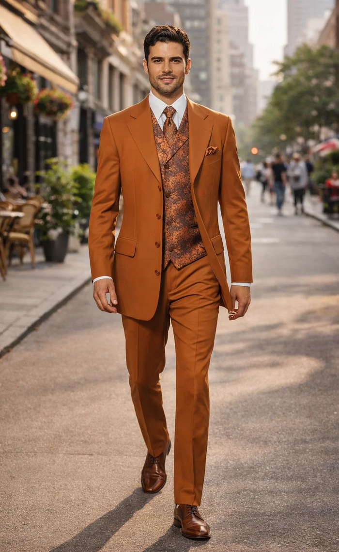 Mens 4 Button Wide Notch Lapel Fashion Rust Suit