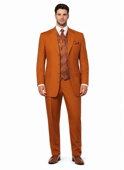 Mens 4 Button Wide Notch Lapel Fashion Rust Suit