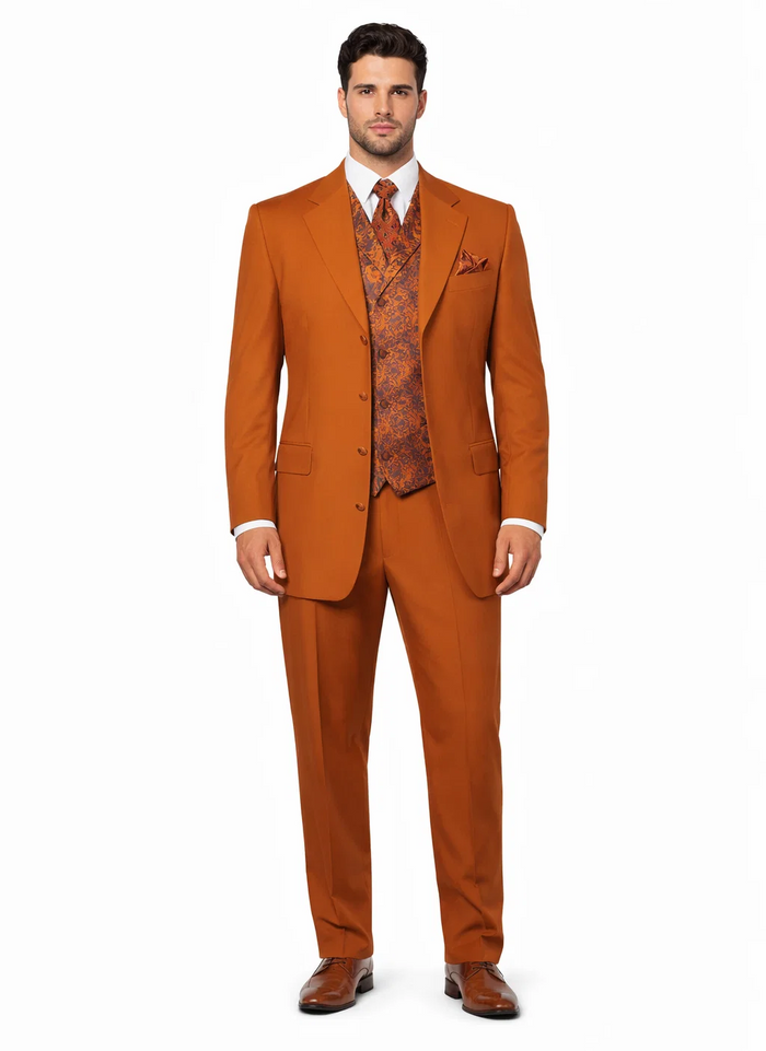 Mens 4 Button Wide Notch Lapel Fashion Rust Suit