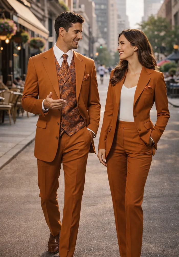 Mens 4 Button Wide Notch Lapel Fashion Rust Suit