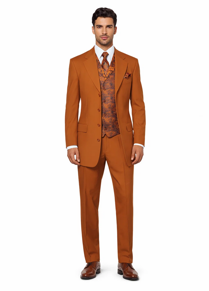 Mens 4 Button Wide Notch Lapel Fashion Rust Suit