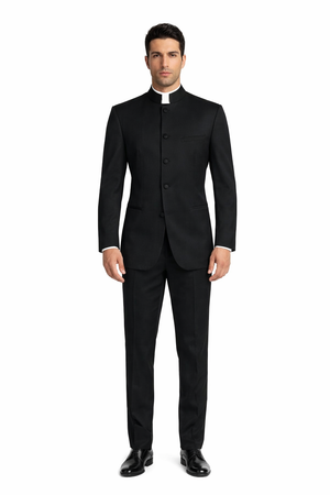 Mens 5 Button Mandarin Collar Tuxedo Suit in Black