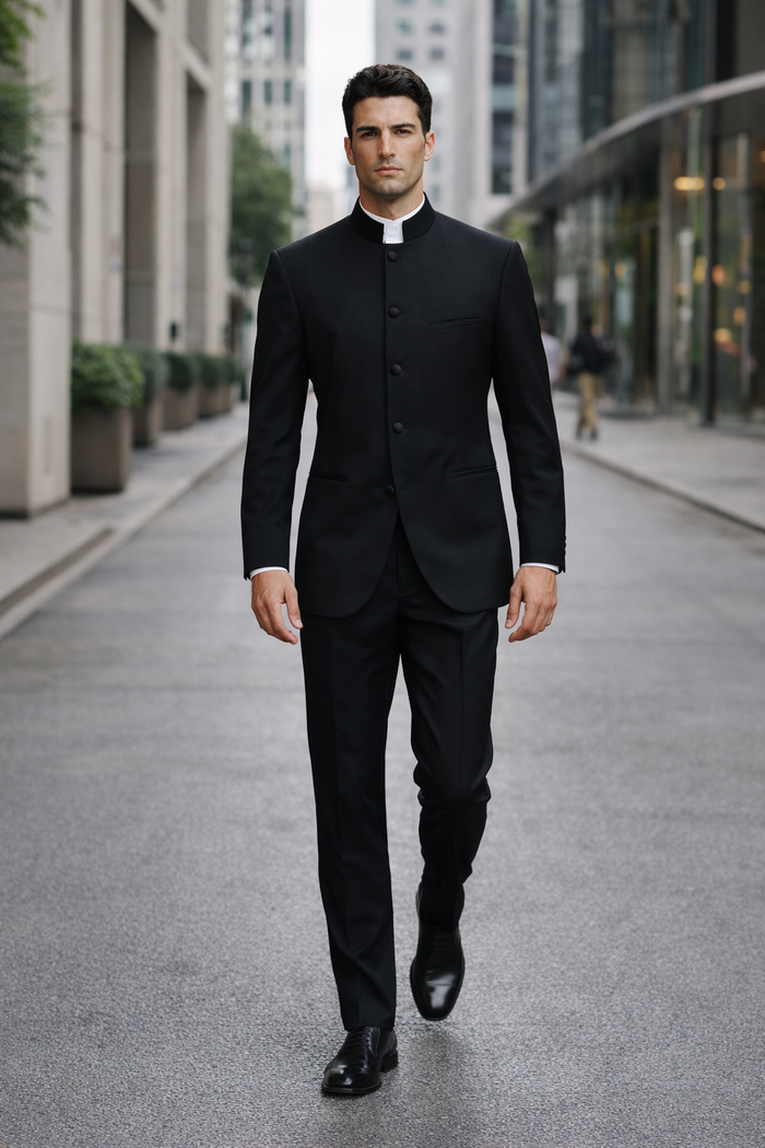 Mens 5 Button Mandarin Collar Tuxedo Suit in Black