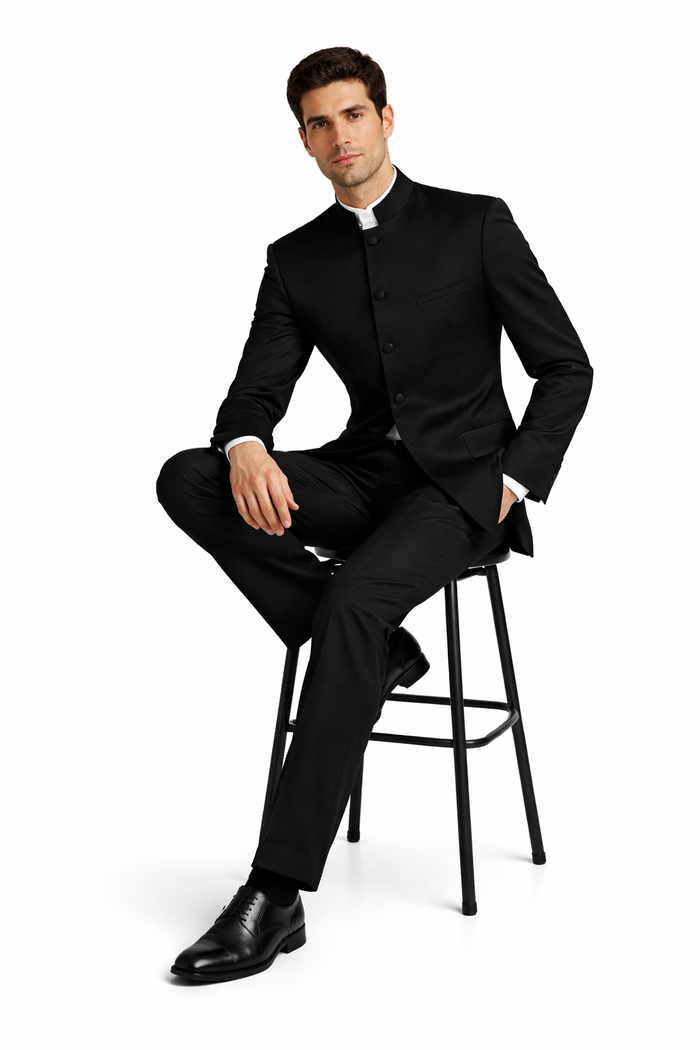 Mens 5 Button Mandarin Collar Tuxedo Suit in Black