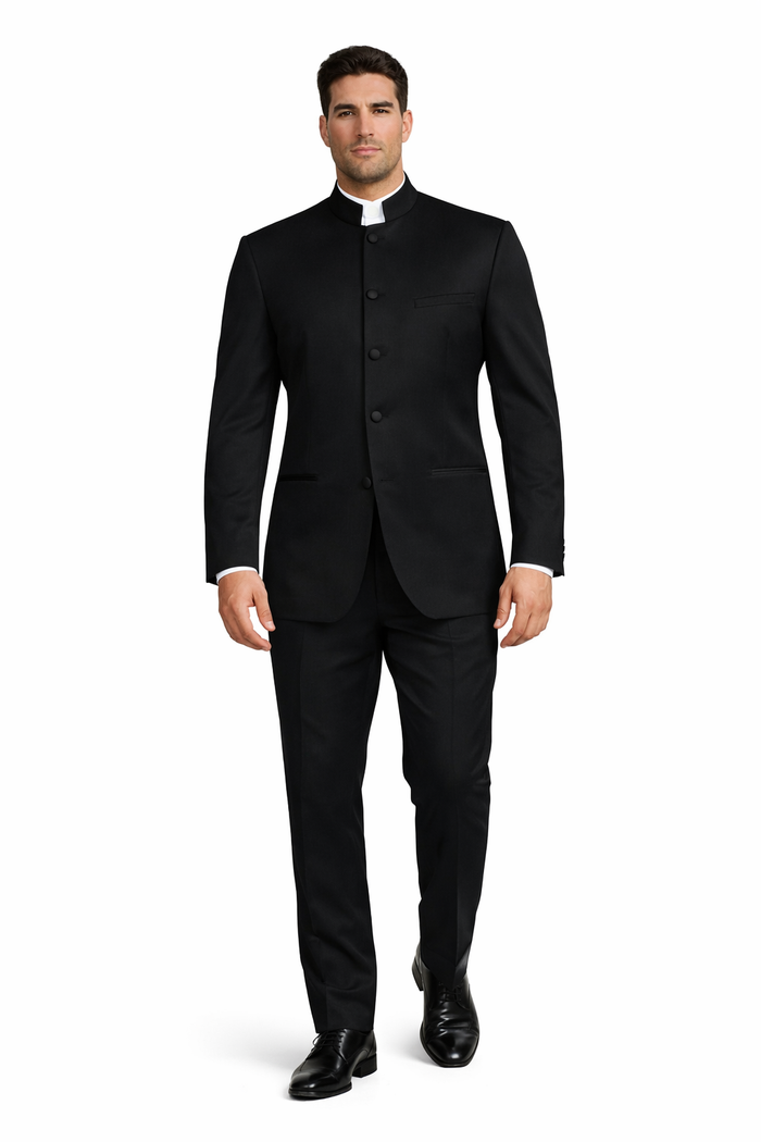 Mens 5 Button Mandarin Collar Tuxedo Suit in Black