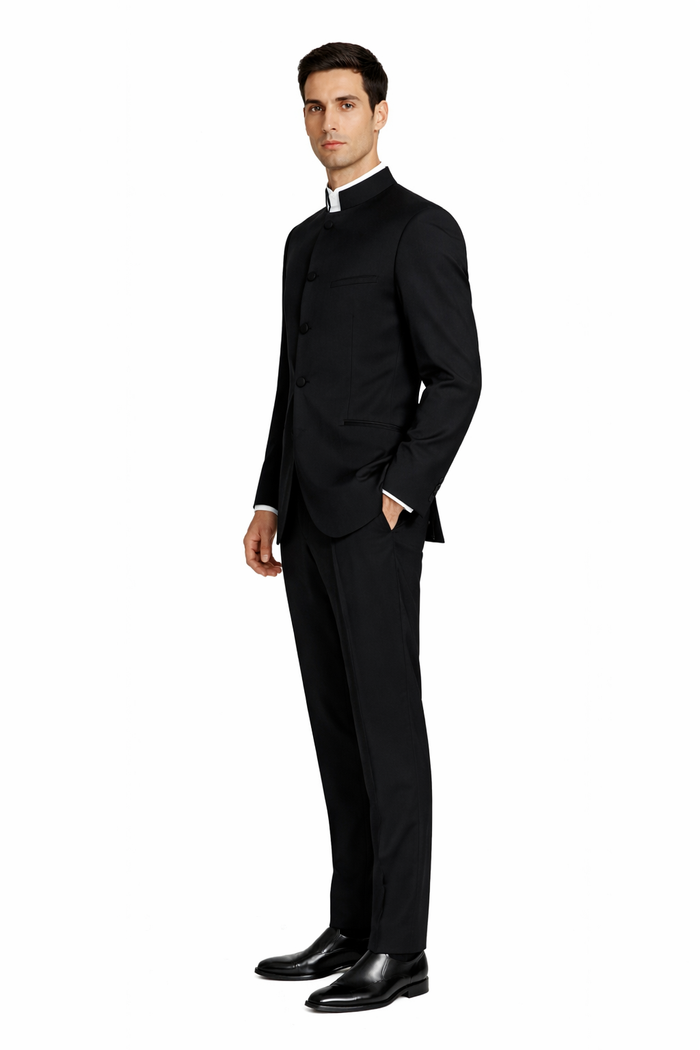 Mens 5 Button Mandarin Collar Tuxedo Suit in Black